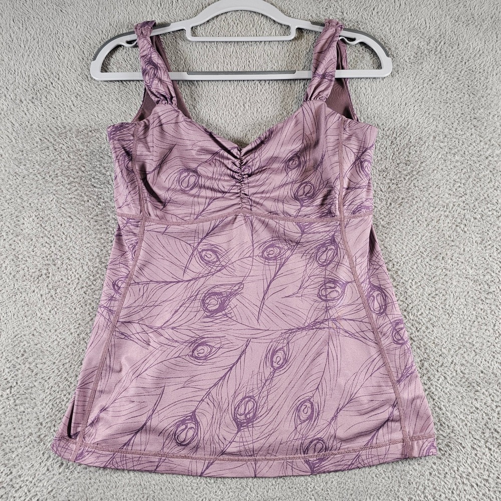 Lululemon Ruched V-Neck Athletic Tank Top Mauve Peacock Feather Print Size 8